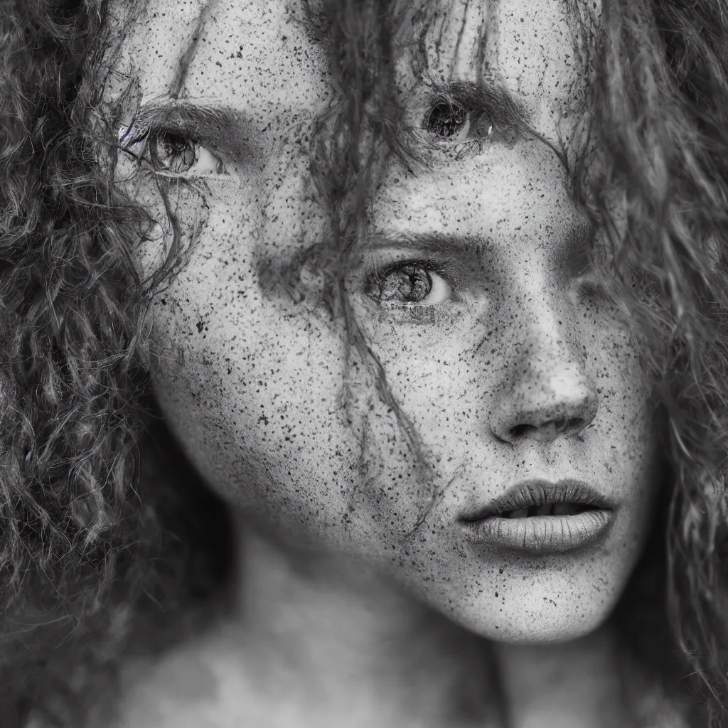 Prompt: Close-up portrait photo of a beautifull girl with wavy red hair and freckles, art photography in style of Lee Jeffries ,Low-key lighting, single light source, pastel colors, dark background, sigma art 135 mm f 1.4, high quality ,