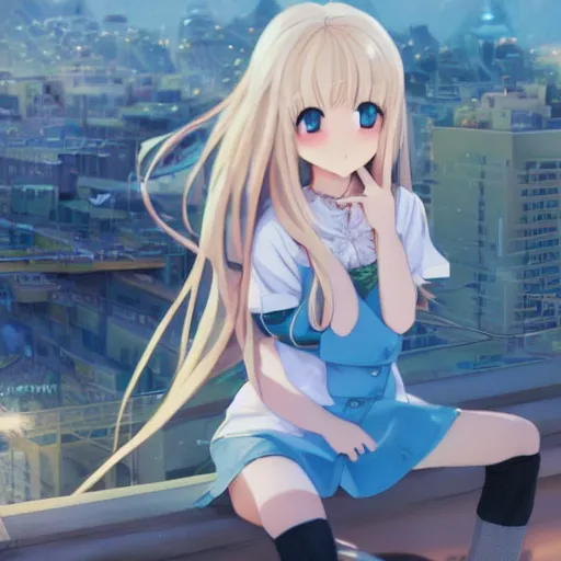 Image similar to a very beautiful anime girl, full body, long wavy blond hair, sky blue eyes, full round face, short smile, cute top, miniskirt, sitting on a miniature city, surround by a miniature crowd, cinematic lighting, medium shot, mid-shot, highly detailed, trending on Artstation, Unreal Engine 4k, cinematic wallpaper by Stanley Artgerm Lau, WLOP, Rossdraws, James Jean, Andrei Riabovitchev, Marc Simonetti, and Sakimichan