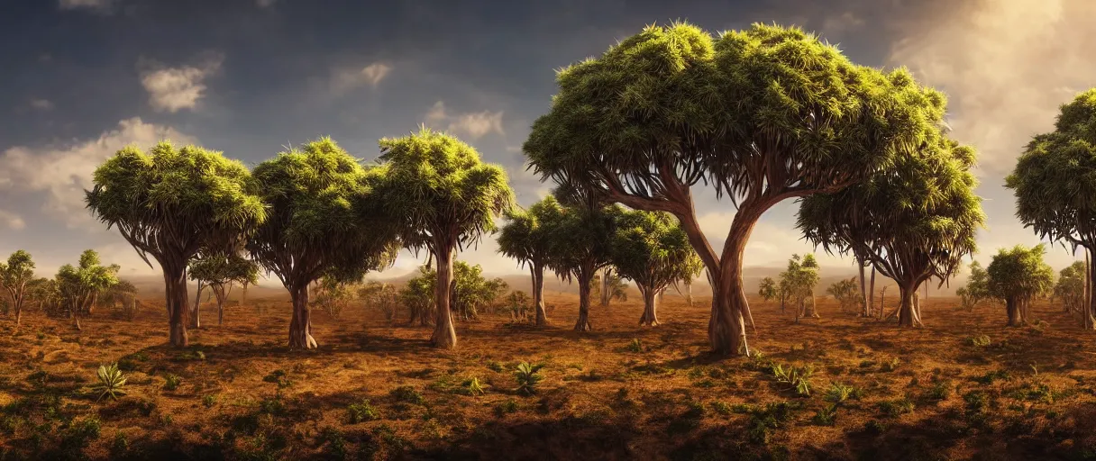 Prompt: realistic giant cannabis trees with cannabis leaves, converting the Australian desert to an oasis with streams, landscape, photo, concept art, universe in the sky, cinematic lighting, 4k, wide angle, warm tones, Australian Earth,