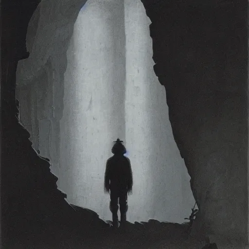 Image similar to an explorer standing in an ancient city inside a cave, by Beksinski and Lauire Lipton