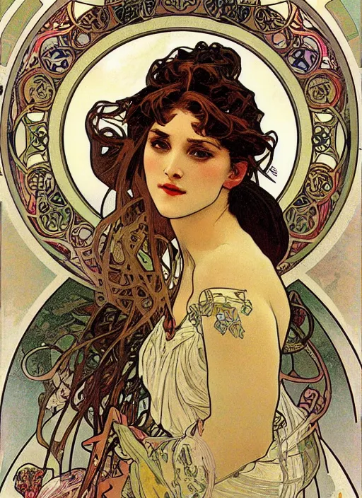 Prompt: a beautiful lady by alphonse mucha, art noveau, detailed