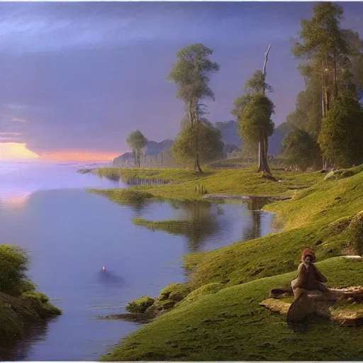 Image similar to the lakes of midgard, detailed matte painting of a dusk landscape in summer, barometric projection, by andreas rocha john howe, and Alberto Giacometti