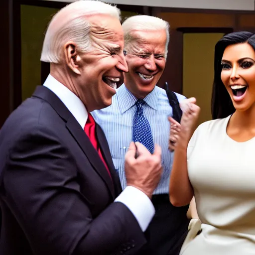 Image similar to stock photo of kim kardashian, and joe biden wearing suits and ties laughing in an office building, 8k resolution, full HD, cinematic lighting, award winning, anatomically correct