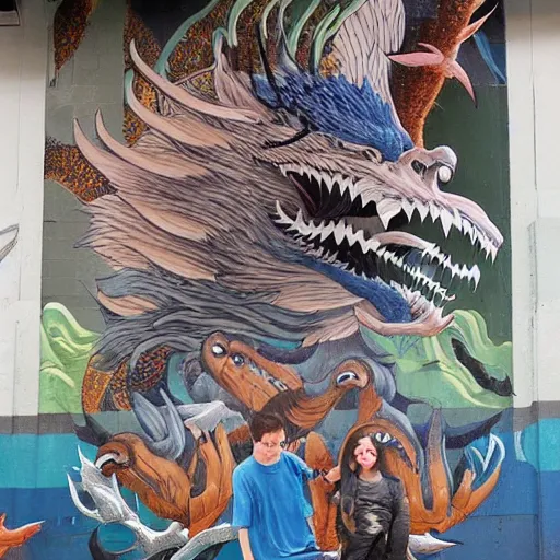 Prompt: A beautiful street art of a large, dragon-like creature with sharp teeth, talons, and a long tail. The creature is looming over a small group of people who appear to be in distress. intarsia inlay by Brian Stelfreeze, by Makoto Shinkhai, by Raphaelle Peale