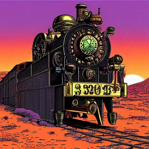 Image similar to weird west steampunk steam engine train railway into the sunset, illustration by moebius jean giraud