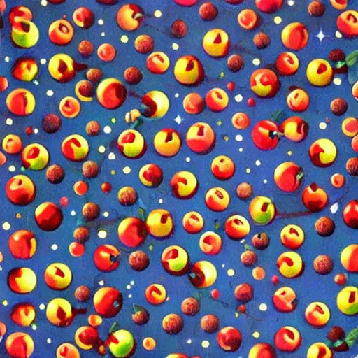 Image similar to apples on trees, where's wally, space stations, 2 0 0 1 a space odyssey