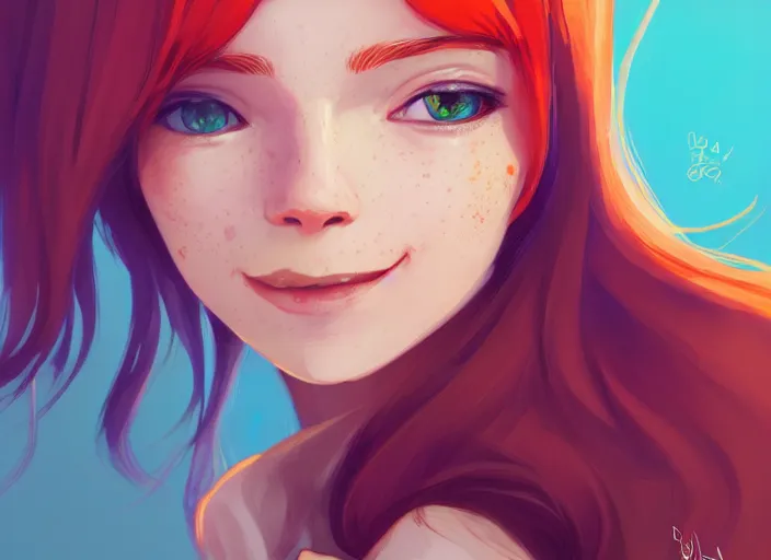 Image similar to portrait of a beautiful smiling girl with orange hair and freckles, green eyes, highly detailed, digital painting, concept art, smooth, sharp, focus, background is purple, anime key visual, lois van baarle, ilya kuvshinov, rossdraws, artstation