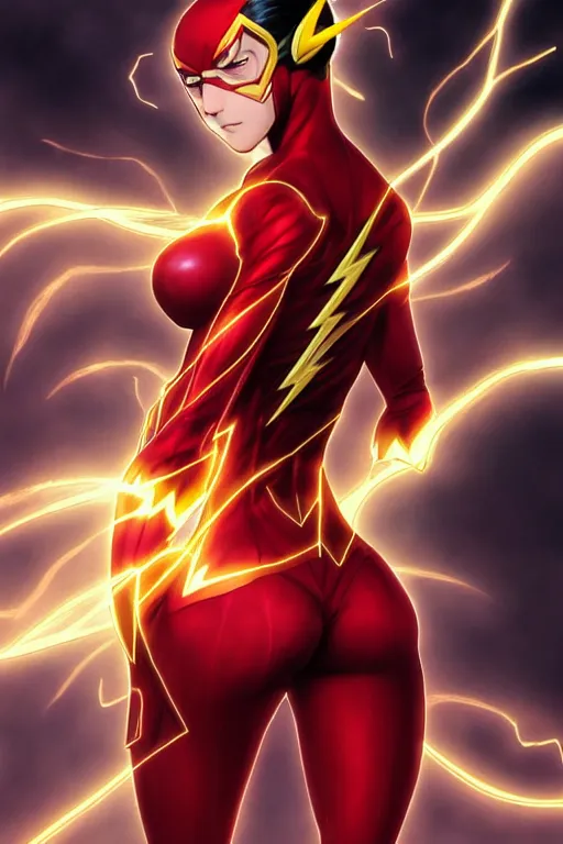 Image similar to anime key visual of a beautiful female the flash!! intricate, red, black, gold suit, powers, speed, lightning hate, dc comics, cinematic, stunning, highly detailed, digital painting, artstation, smooth, hard focus, illustration, art by artgerm and greg rutkowski and alphonse mucha