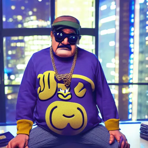 Prompt: cinematic shot of Wario wearing designer clothing and a gold chain in a luxury penthouse at night, 8k, dslr, professional lighting,