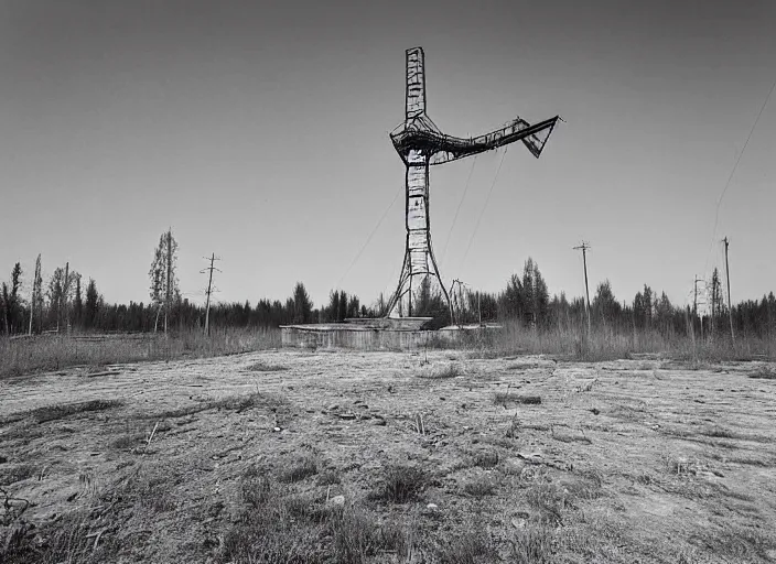 Prompt: black and white photograph with a realistic high - resolution wide - angle lens of the soviet duga - 3 antenna at chernobyl.
