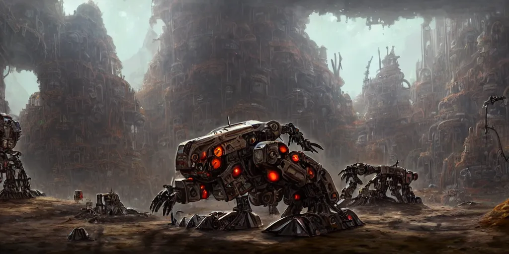 Prompt: mecha creatures in a merchant town, tents, matte oil painting, retrofuturistic, concept art, quarrying, science fantasy, mutant, lgbt, queer, rpg, epic, rusted, white salt, badlands, jungles, dungeons & dragons, sacred, sharp focus, award - winning, extremely detailed, 4 k, 8 k