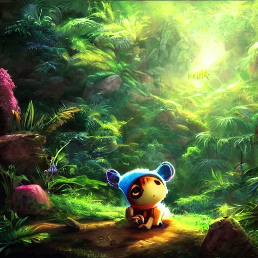 Image similar to disco diffusion painting of teemo in the jungle by makoto shinkai, masterpiece, contest award winner