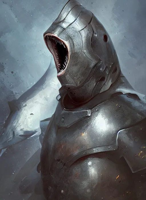 Image similar to digital painting of a human shark wearing knight armor, shark head, fantasy, portrait, scifi, realistic, detailed, concept art, ruan jia, wlop