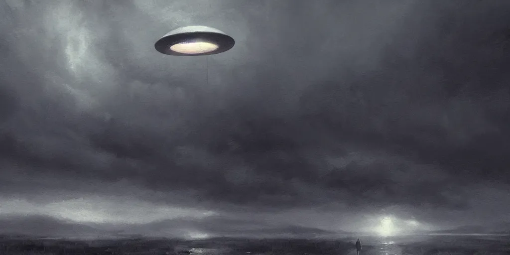 Image similar to epic cinematic concept art of an ufo during an giant, cloudy, foggy, storm, night setting. realistic shaded lighting poster by craig mullism, jeremy lipkin and michael garmash, radiant light, detailed and intricate environment, digital art, trending on art station, monochromatic noir