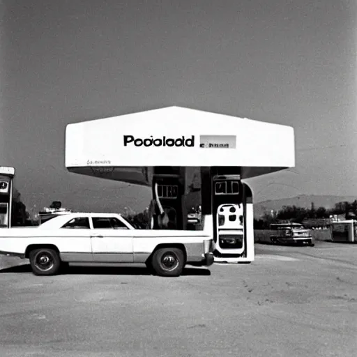 Prompt: polaroid of a gas station from 1 9 6 8