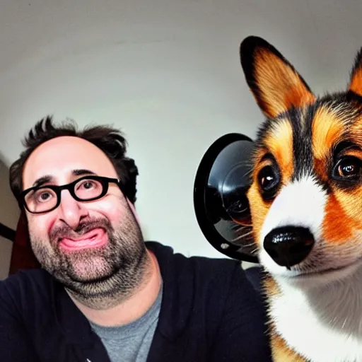 Prompt: Eric Wareheim with a corgi, fisheye lense