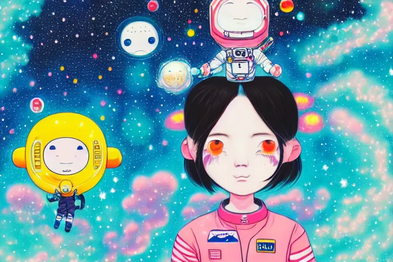 Prompt: hikari shimoda, portrait of a young female astronaut going insane floating in a nebula, no helmet, flowing hair, takashi murakami, lomography, colorful