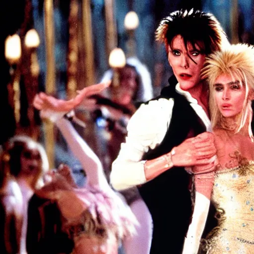 Prompt: jennifer connelly ball dancing with the goblin king, david bowie