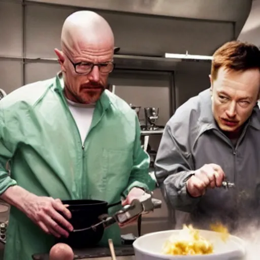 Prompt: a still from breaking bad of elon musk and walter white cooking meth, 8k, close-up, detailed faces