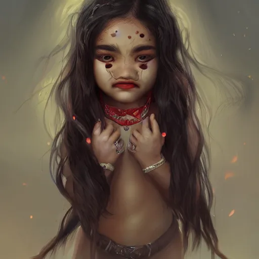 Prompt: a brown skinned asian vampire girl, child, freckles, evil, fangs, messy hair, embers intricate and very beautiful and elegant, highly detailed, digital painting, artstation, concept art, smooth and sharp focus, cg by tian zi