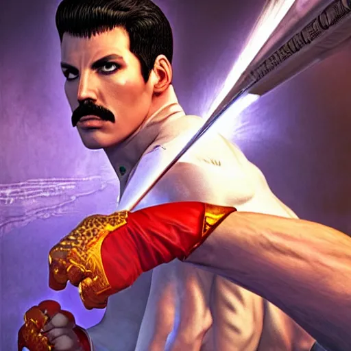 Image similar to freddy mercury as ken street fighter, ultra realistic, concept art, intricate details, highly detailed, photorealistic, octane render, 8 k, unreal engine, art by frank frazetta, simon bisley, brom