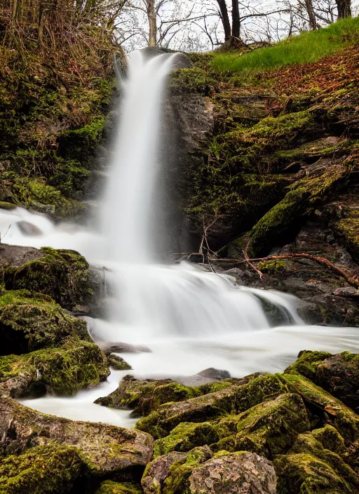 Prompt: waterfall falling into a lake, photograph, landscape photography, sigma 5 0 mm, award winning, soft lighting, 4 k, hd