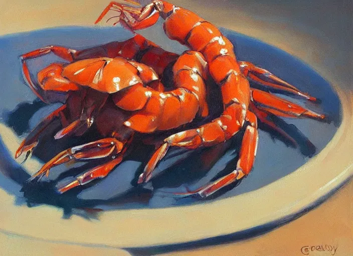 Prompt: “ a highly detailed beautiful portrait of an anthropomorphic shrimp, by gregory manchess, james gurney, james jean ”