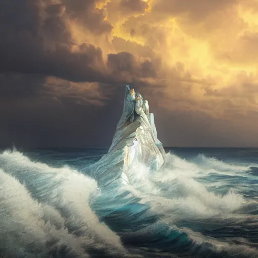 Image similar to a matte painting of a marble, cracking Poseidon riding up from a stormy sea at sunset