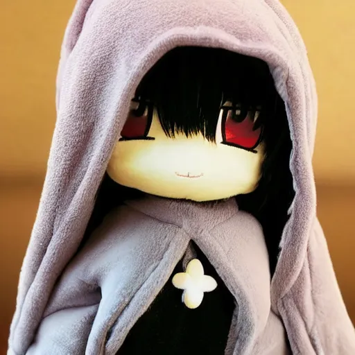 Image similar to cute fumo plush of an angel girl shrouded in a dark hoodie