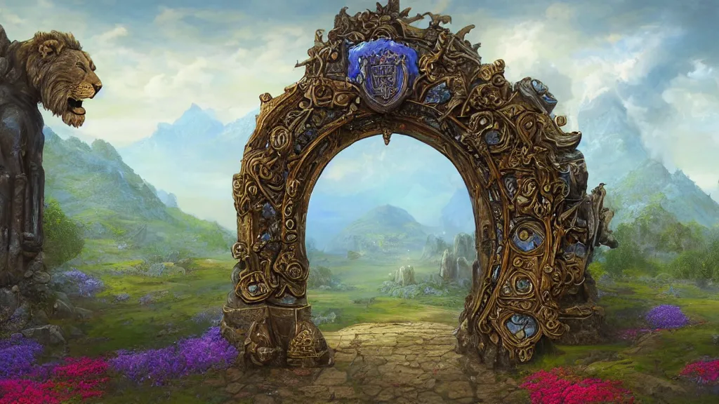 Image similar to A giant medieval fantasy blue energy portal gate with a rusty gold carved lion face at the center of it, the portal takes you to another world, full of colorful flowers on the lost Vibes and mountains in the background, spring, delicate fog, sea breeze rises in the air, by andreas rocha and john howe, and Martin Johnson Heade, featured on artstation, featured on behance, golden ratio, ultrawide angle, f32, well composed, rule of thirds, center spotlight, low angle view