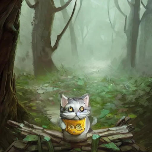 Prompt: portrait of a grey american shorthair cat as teemo from league of legends, digital painting, dystopian forest background by marc simonetti, artwork by ross tran + ramond swanland + liam wong