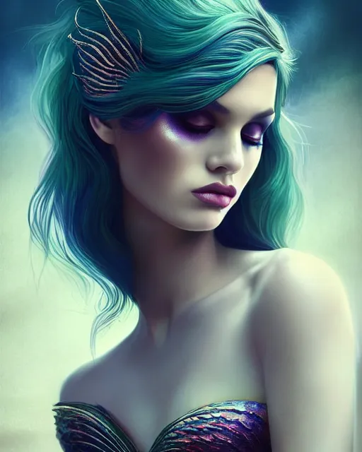 Image similar to portrait of mermaid, zoom, rule of thirds, atmosphere, intricate, vogue, regal, latinas, symmetrical!!, makeup, loreal, maybelline, sephora, loreal, artstation, art by artgerm and gonzalo ordonez arias, moody, concept art, filmic, vsco