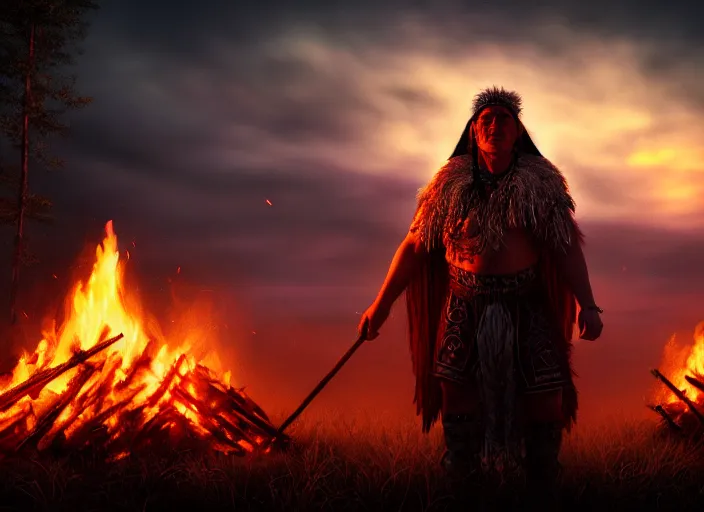 Image similar to shaman behind bonfire twilight hyper realistic cinematic art 4 k great view high quality