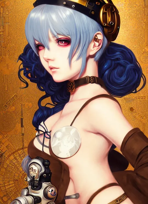 Image similar to portrait Anime girl in steampunk bikini armor, cute-fine-face, white-hair pretty face, realistic shaded Perfect face, fine details. Anime, steampunk, bioshock. realistic shaded lighting by Ilya Kuvshinov and Gustav Klimt