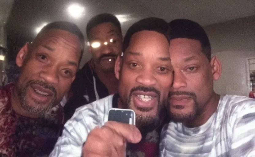 Image similar to my uncle that look like will smith if he was poor asf accidentally taking a selfie, front camera, camera flash is so bright in his face, viral, selfie, viral on twitter, viral on instagram, viral photo