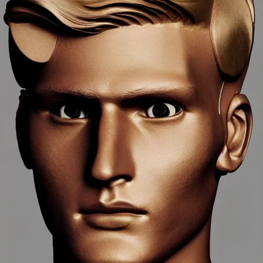 Prompt: a realistic detailed photo of a guy who is an attractive humanoid who is half robot and half humanoid, who is a male android, youtuber jake paul, shiny skin, posing like a statue, blank stare, at the museum, on display