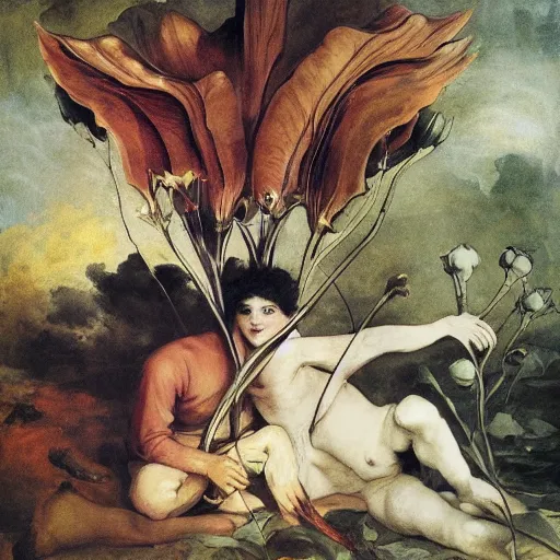 Prompt: close relationship between datura stramonium and men, mythical full of symbolism picture, hyper detailed, hyper realistic, warm colours, symbiosis, Francisco Goya style