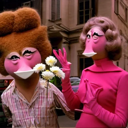 Prompt: 1972 woman on tv show with a long prosthetic snout nose, big nostrils, wearing flowers in the city 1972 color archival footage color film 16mm Fellini Almodovar John Waters Russ Meyer with hand puppet