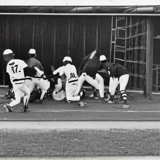 Image similar to 70mm photo of a youth baseball team trying to eat the bleachers, but the coaches are pulling them away