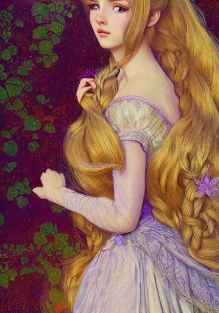 Prompt: rapunzel, intricate, elegant, highly detailed, digital painting, artstation, concept art, smooth, sharp focus, illustration, pre - raphaelite style, monet, mucha,