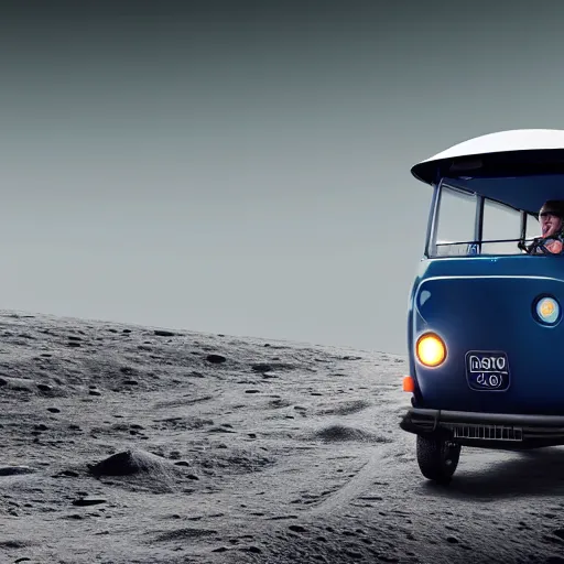 Image similar to a dark blue tuk tuk traveling on the surface of the moon, moon craters, black sky, hard lighting, matte painting, concept art, 4k