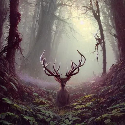 Image similar to highly detailed creepy forest creature with antlers, stephen bliss, unreal engine, fantasy art by greg rutkowski, loish, rhads, ferdinand knab, makoto shinkai and lois van baarle, ilya kuvshinov, rossdraws, tom bagshaw, global illumination, radiant light, detailed and intricate environment