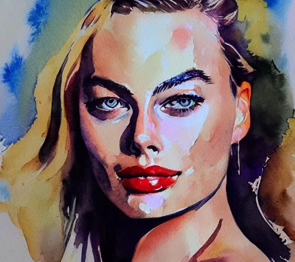 Image similar to A portrait of margot robbie made out of watercolor, trending on artstation