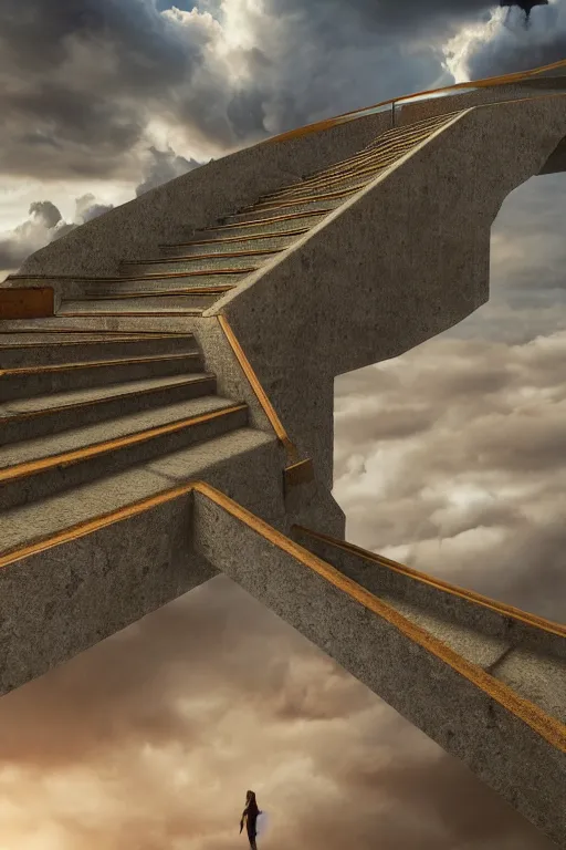 Image similar to infinite stairs rising to the heaven in the middle of the sky, concept art, octane render, unreal engine 5, digital painting, hyperrealistic, highly detailed, high quality, 8 k hdr, digital art, clouds in the sky, breathtaking view, path traced, god, godrays, beautiful, elegant, harmonious, complementary colors, natural lighting