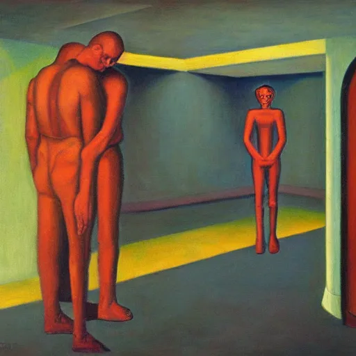 Prompt: organized laborers, human subjugation, mind control, dystopian, pj crook, edward hopper, oil on canvas