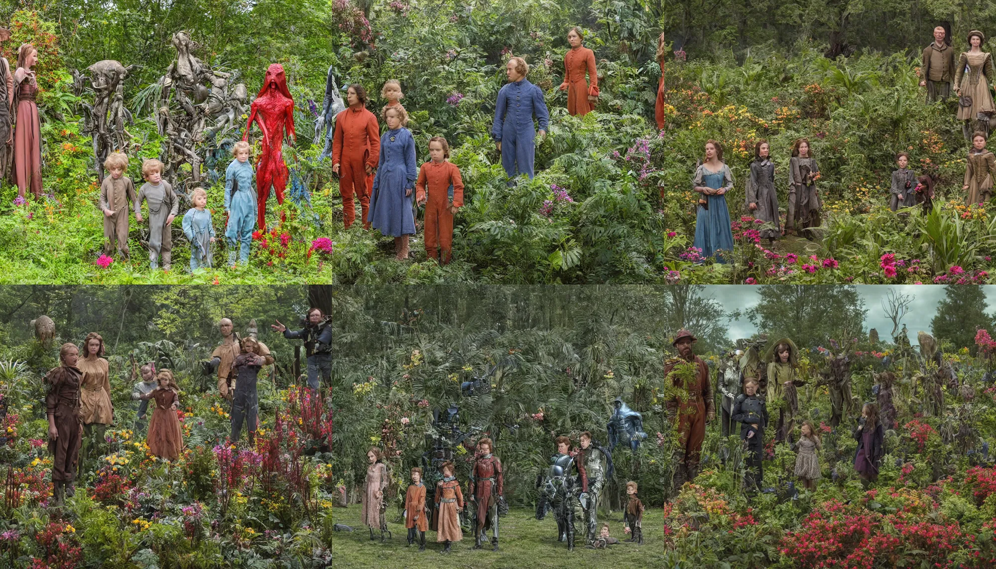 Prompt: sharp, highly detailed, 435456k film, 1612800mm film still from a sci fi blockbuster color movie made in 2019, set in 1860, of a family standing in a park, next to some strange alien plants and flowers, on an alien planet, the family are all wearing 1860s era clothes, cinematic lighting, good photography, ultra high definition, in focus, 35mm macro lens