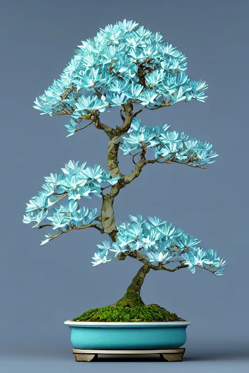 Image similar to a single flower, white and aqua blue bonsai lily, cool color palette, etheral, intricate details, elegance, sophisticated, cool color palette, golden ratio, infini - d - render