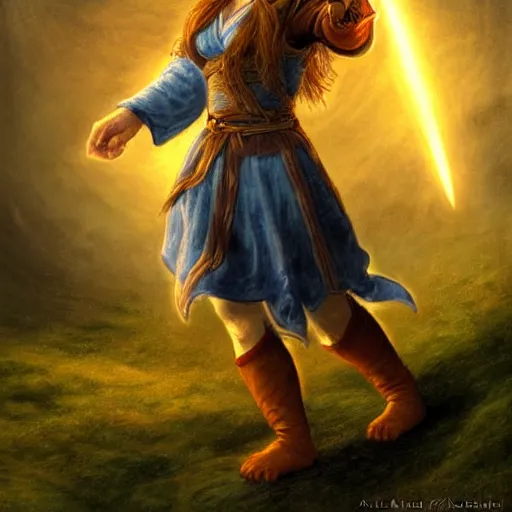 Image similar to full body portrait of a female halfling hobbit monk fistfighter warrior, hallucinating a holy vision of her goddess of mist and light, flowing robes and leather armor, detailed dynamic light painting by albrecht anker