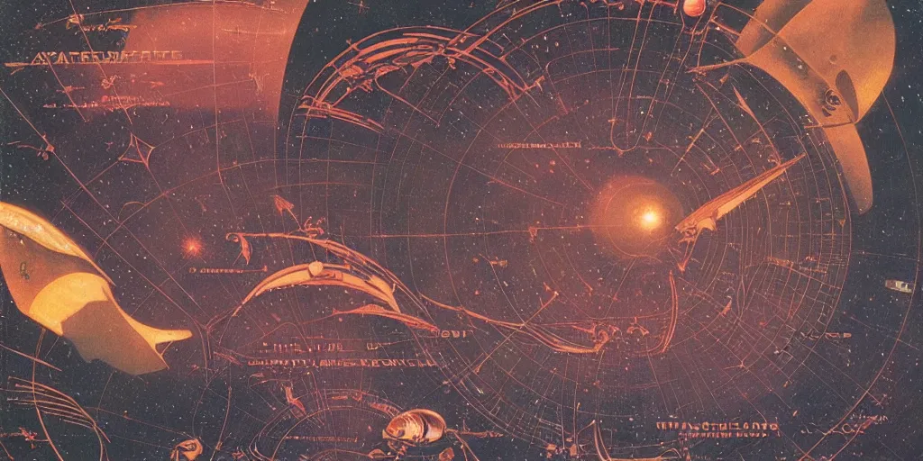 Prompt: starmap interface, retro futuristic vintage sci - fi, amazingly detailed, dark science fiction, bruce pennington, amazing masterpiece map making