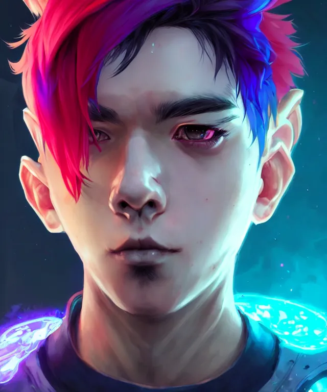 Image similar to character concept art of a cute cyberpunk boy with colorful hair and wolf ears and freckles | | cute - fine - face, pretty face, key visual, realistic shaded perfect face, fine details by stanley artgerm lau, wlop, rossdraws, james jean, andrei riabovitchev, marc simonetti, and sakimichan, trending on artstation